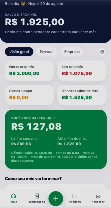 Tela real do painel do Meu Bolso numa conta de teste: saldo disponível de R$ 1.925,00, entrou R$ 3.000,00, saiu R$ 1.075,00 e você pode gastar hoje R$ 127,08